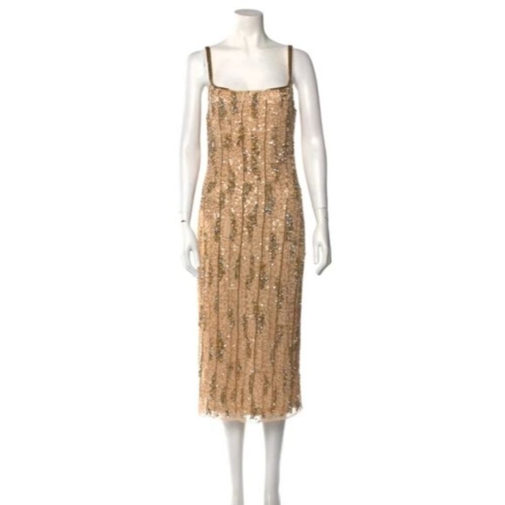 MAC DUGGAL Square Neck Golden Striped Sequin Sleeveless Midi Dress 8